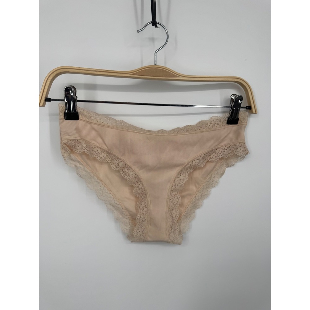 Romwe Underwear Womens Medium Beige‎ Stretch Lace Trim Ribbed Brief Panty NWOT